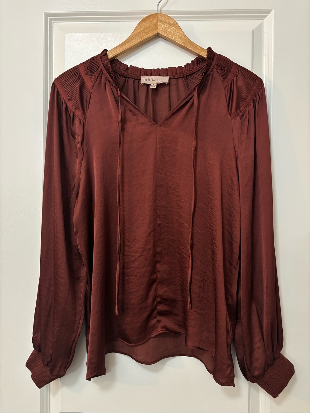 Philosophy Rust Color Tie-Neck Long-Sleeve Peasant Top, Size M
